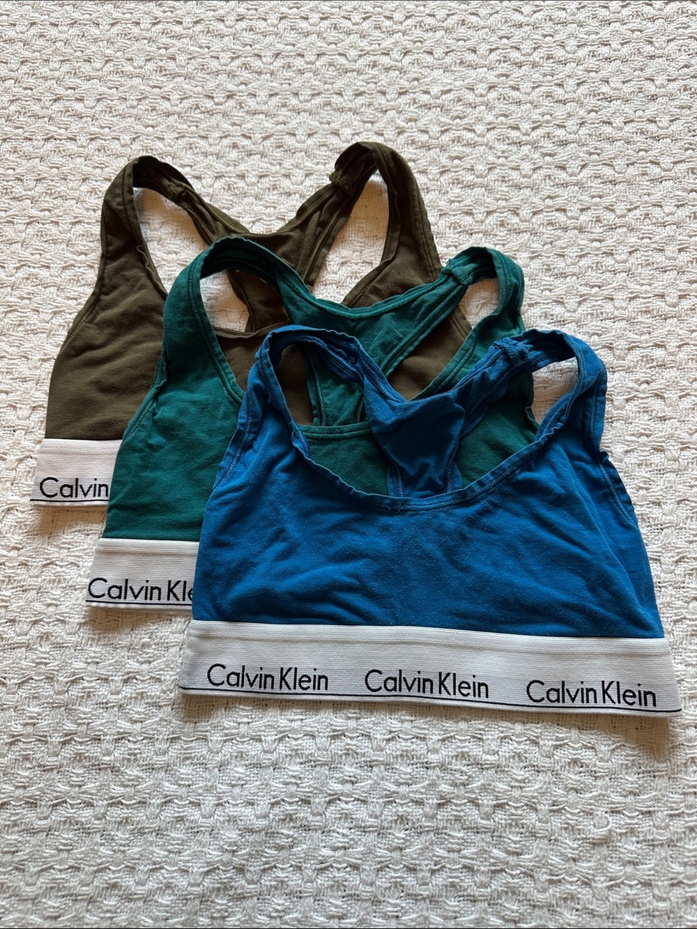 Calvin Klein Racerback Bralette Set in Olive, Teal, Blue
